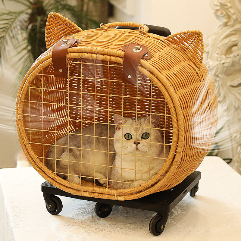 猫キャリーバッグ 猫耳デザイン藤編みキャスター付き猫キャリーバッグ