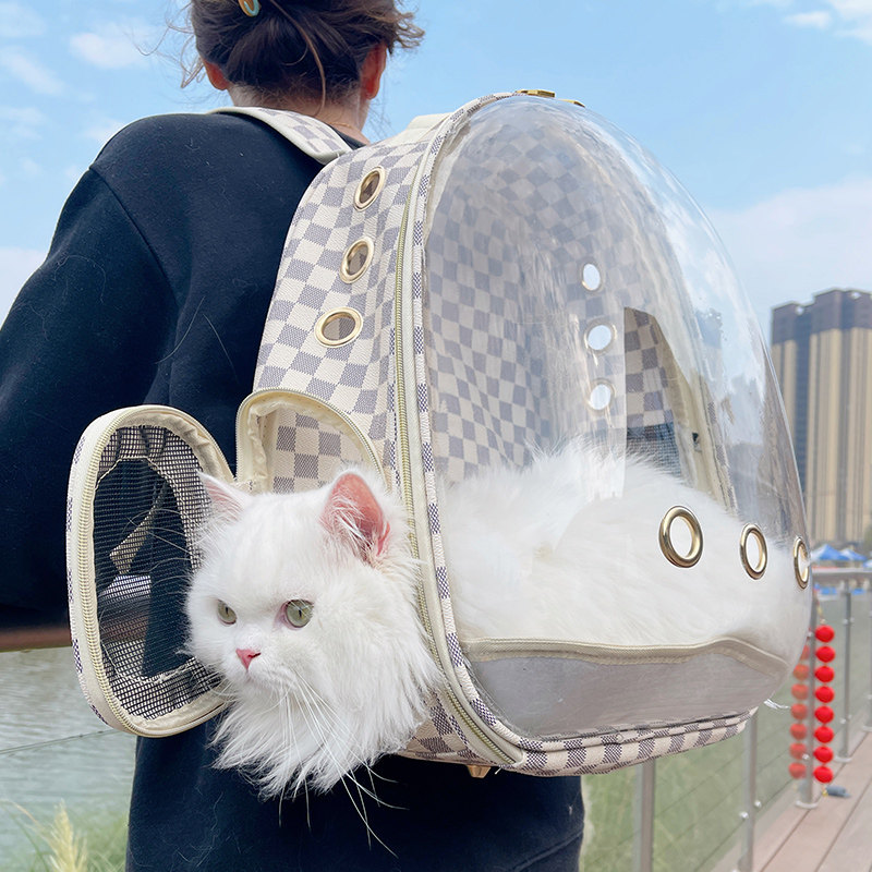 猫キャリーバッグ 透明ドーム型猫用リュックキャリー市松模様