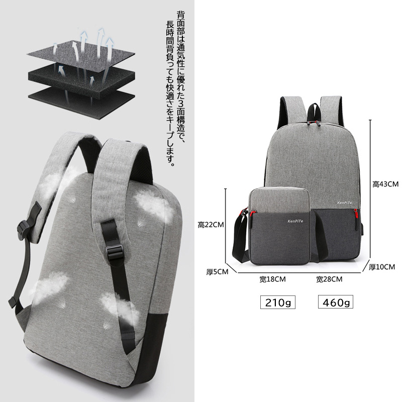 キャリーオンバッグ 男女兼用大容量多機能リュック付属ポーチ付
