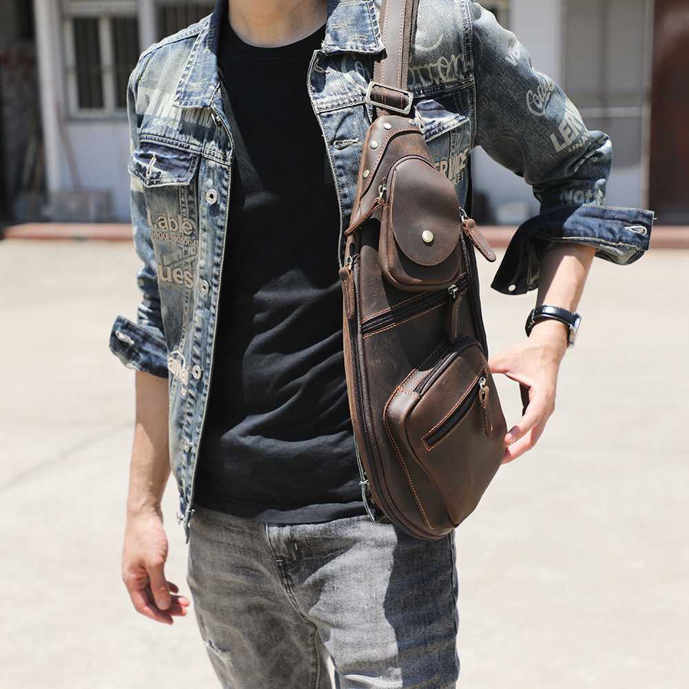 大きいボディバッグ 本革マルチポケット大容量ボディバッグ　メンズ