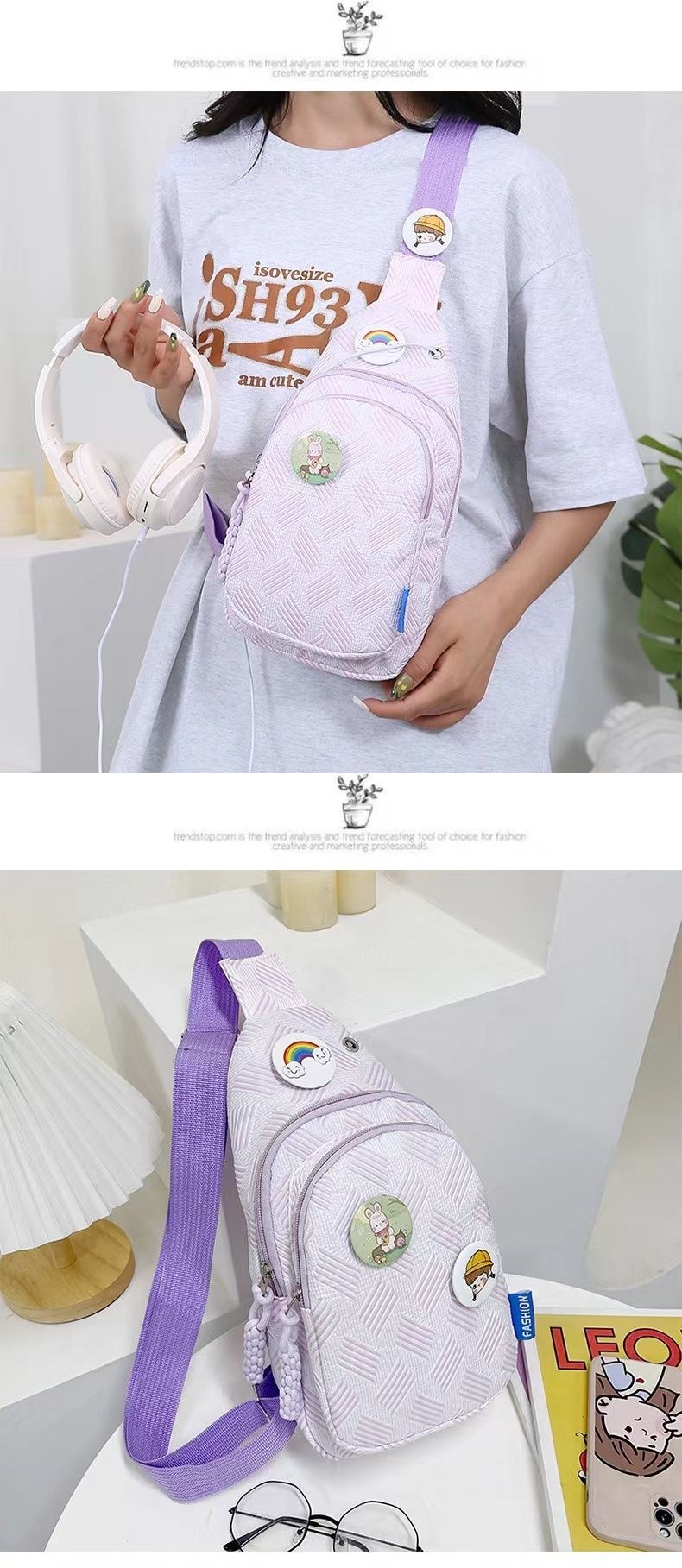 ボディバッグ 虹と動物の刺繍入りキルトボディバッグ