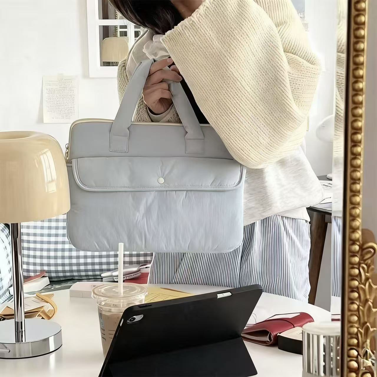 パソコンケース ふんわりリボン取っ手のキルティングパソコンケース