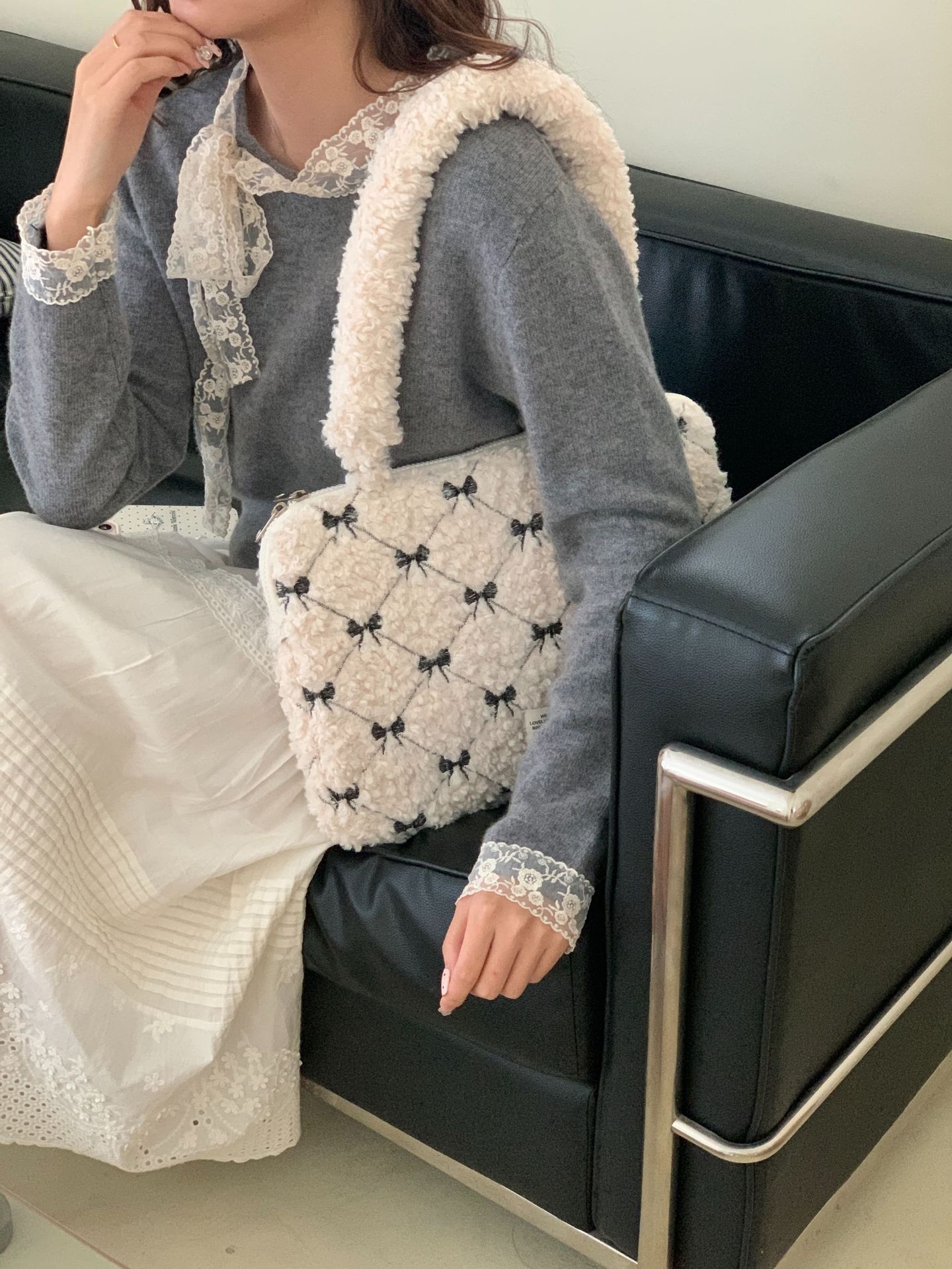 パソコンケース もこもこリボン刺繍のキルティングパソコンケース