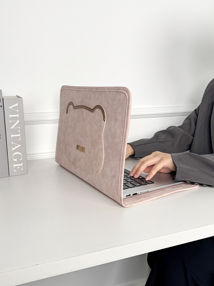 パソコンケース 猫型ポケット付きスエード調パソコンケース