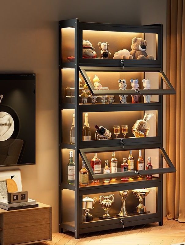 フィギュアケース 五段式照明付き鍵付きガラス扉大型展示棚