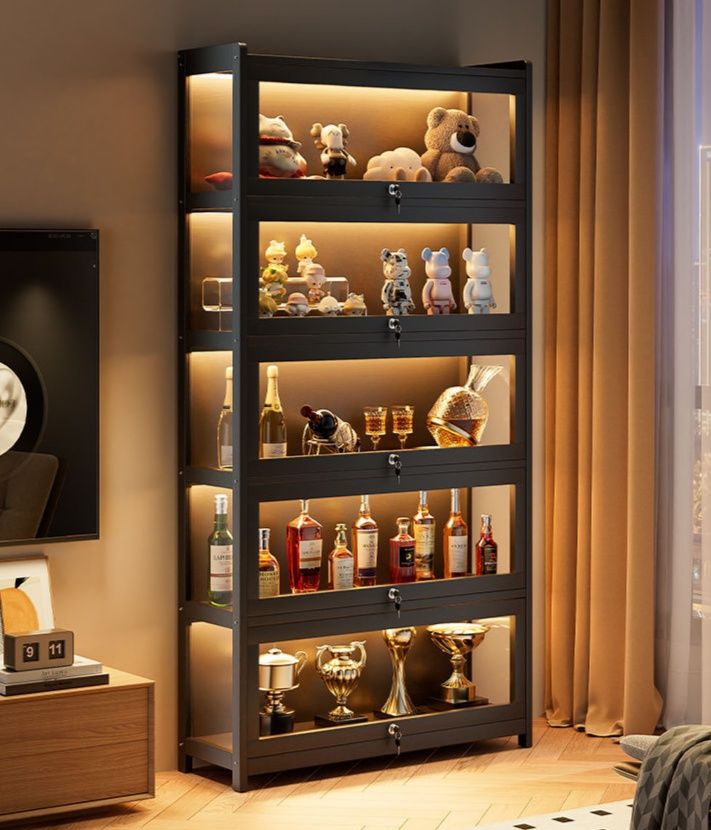 フィギュアケース 五段式照明付き鍵付きガラス扉大型展示棚