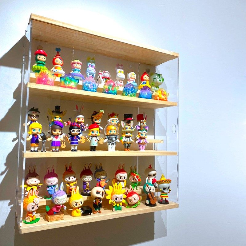 フィギュアケース 木製壁掛け三段棚付き透明扉付大型収納棚