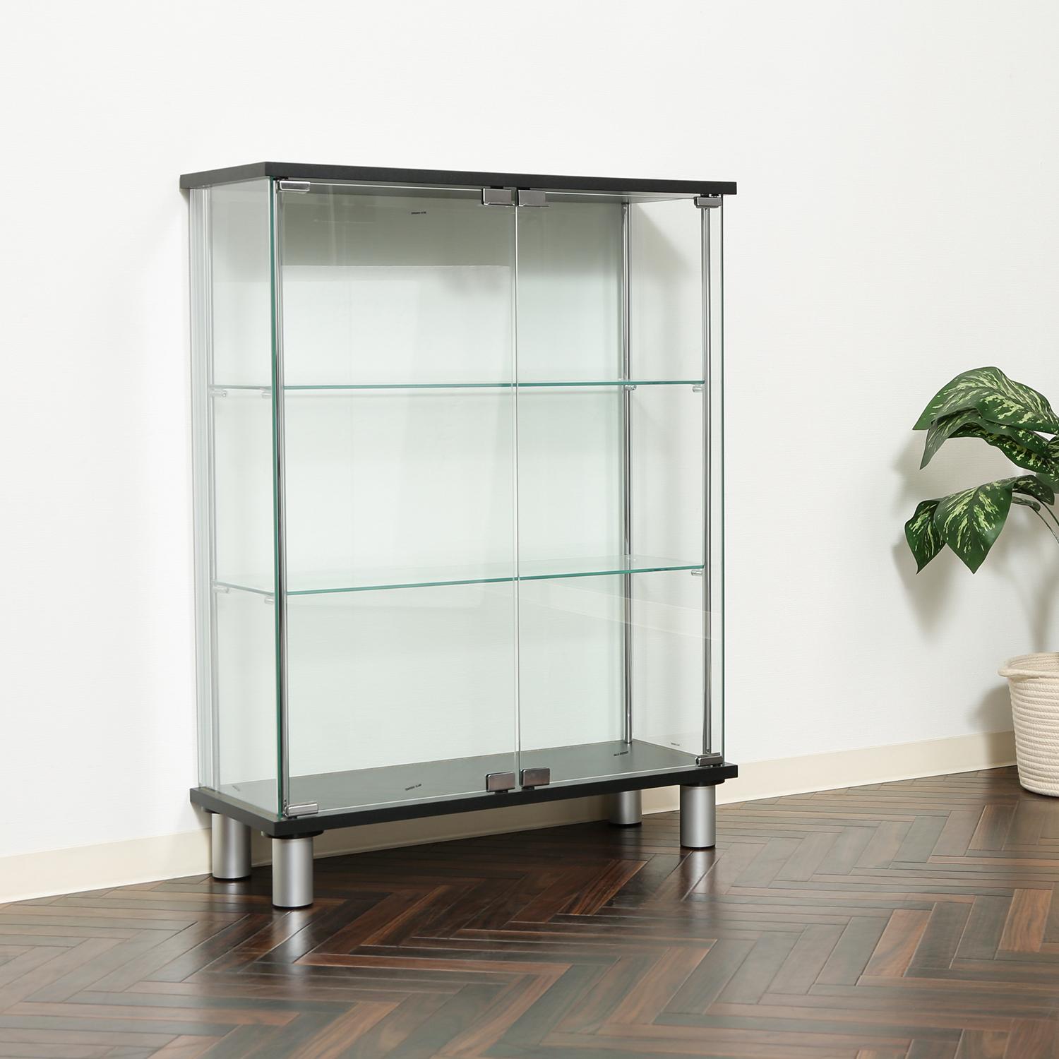 フィギュアケース 大型 ガラス展示棚三段幅広黒色フィギュア収納