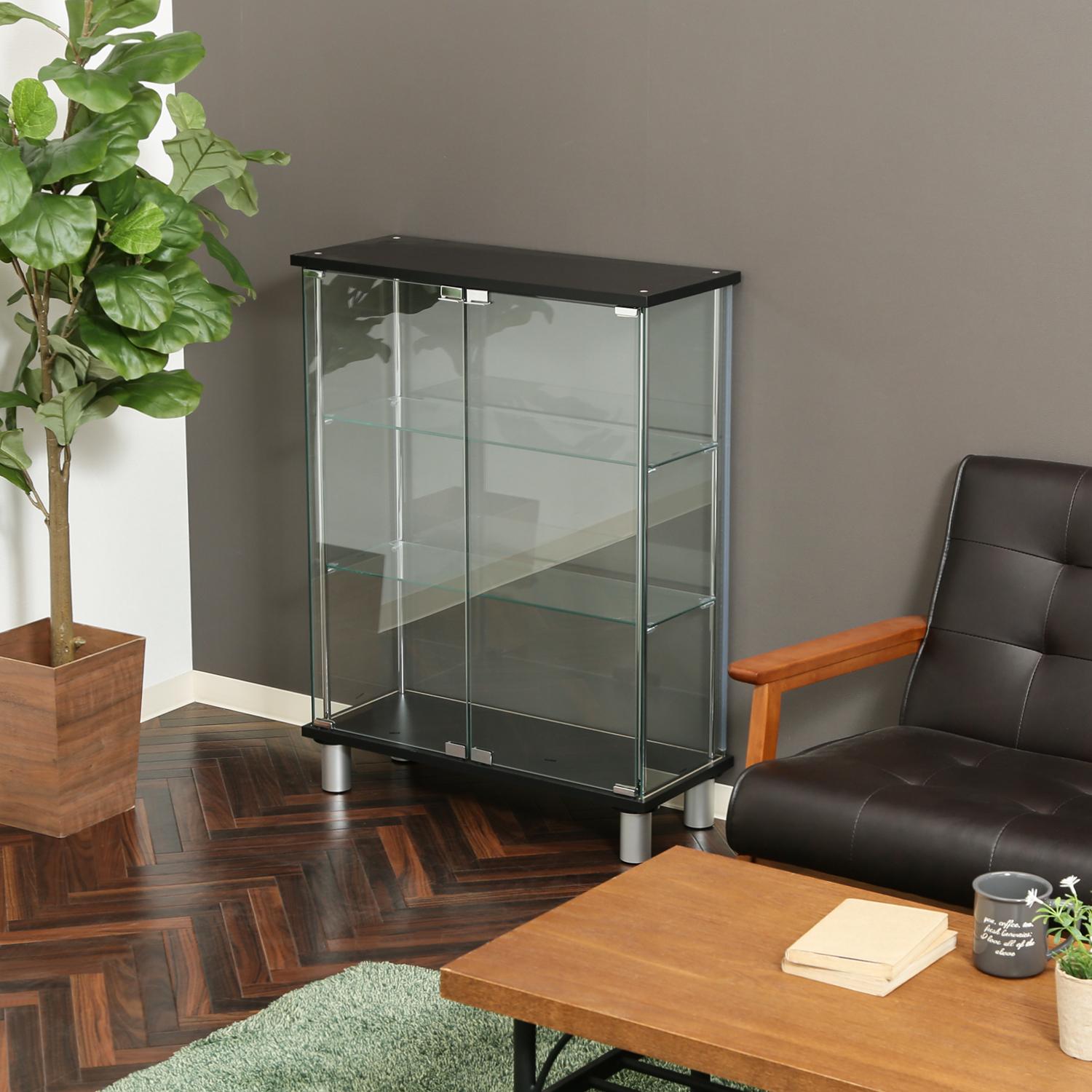 フィギュアケース 大型 ガラス展示棚三段幅広黒色フィギュア収納