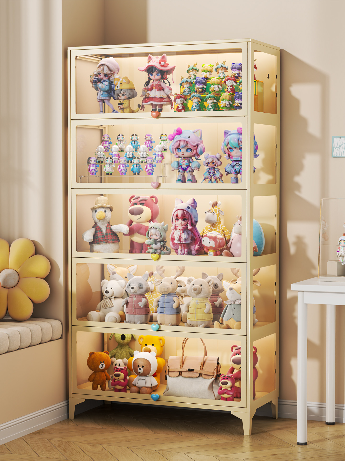 フィギュアケース 五段式大容量照明付き透明扉収納棚