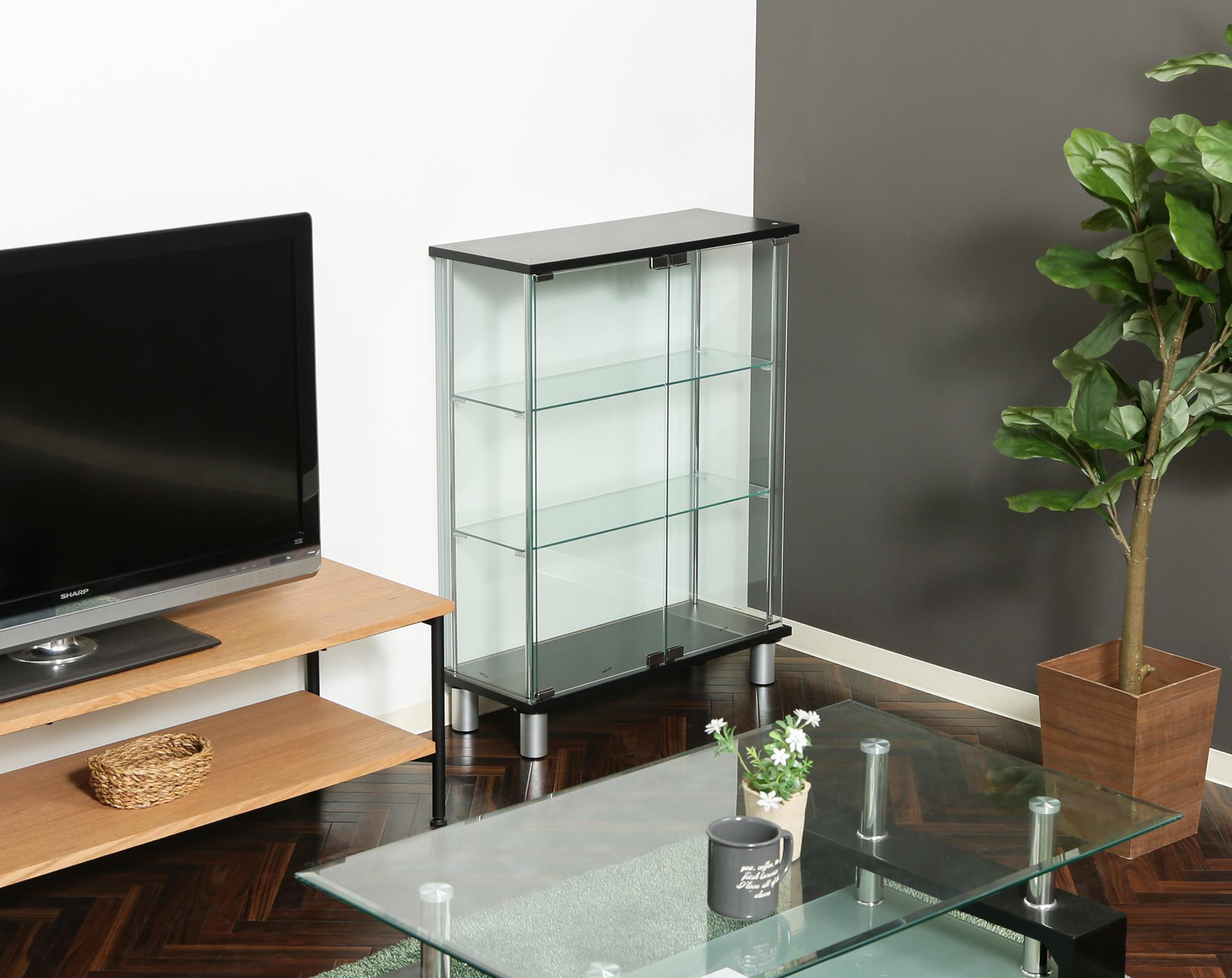 フィギュアケース 大型 ガラス展示棚三段幅広黒色フィギュア収納