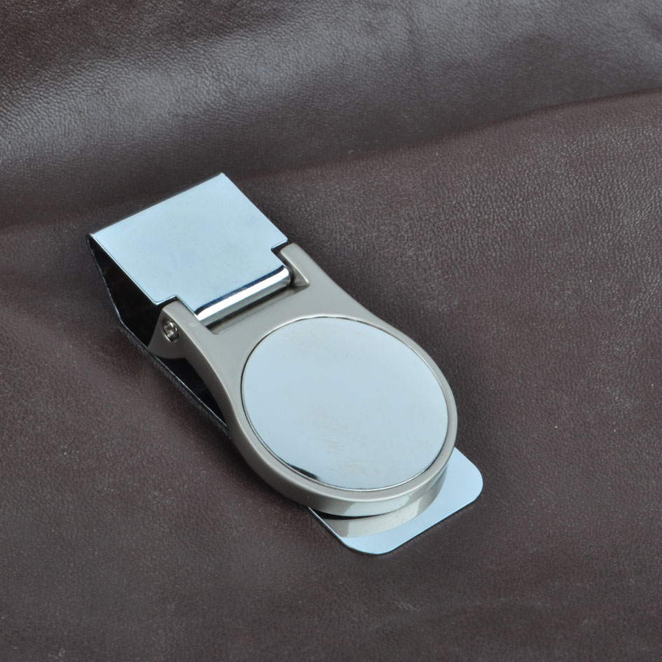 マネークリップ 楕円装飾付き二つ折り金属製マネークリップ