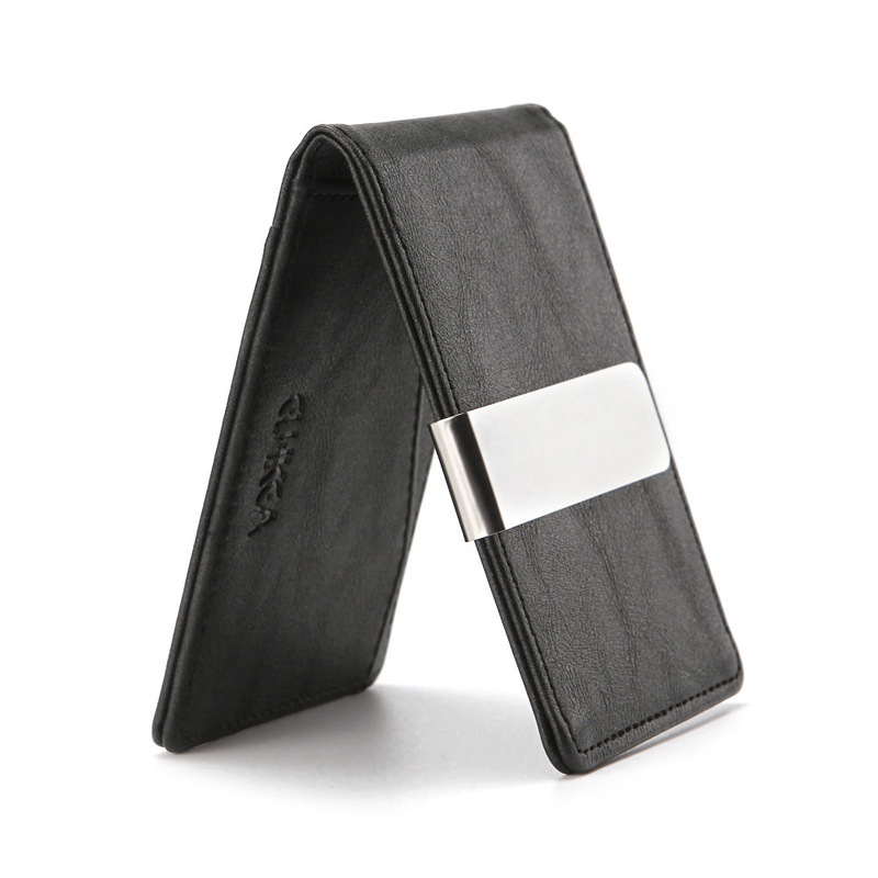 マネークリップ 本革二つ折り金属挟み付き薄型財布