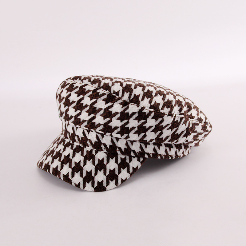 千鳥格子キャスケット つば付き防寒帽子 小顔効果