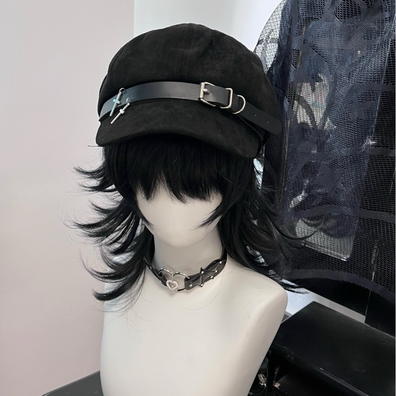 レディース レザーベルト キャスケット 黒 装飾帽子