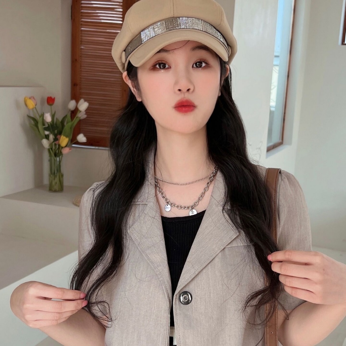 キャスケット 輝きラインストーン付きウール混キャスケット帽