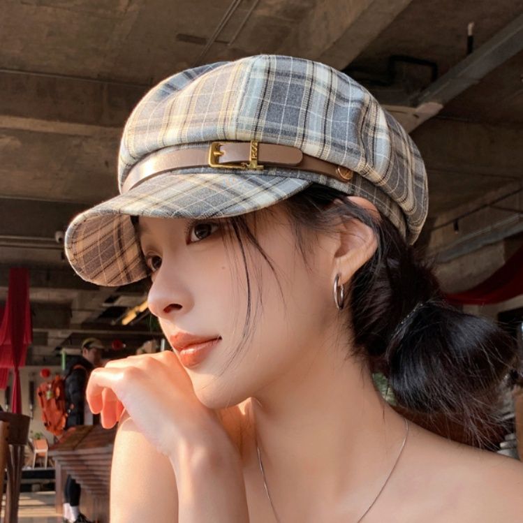 キャスケット 格子柄リネンベルト付きキャスケット