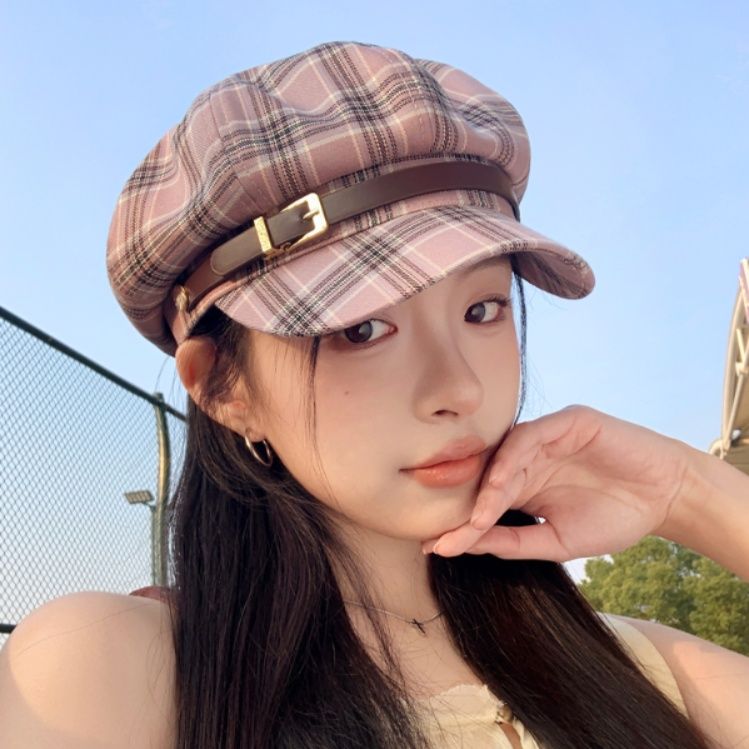 キャスケット 格子柄リネンベルト付きキャスケット