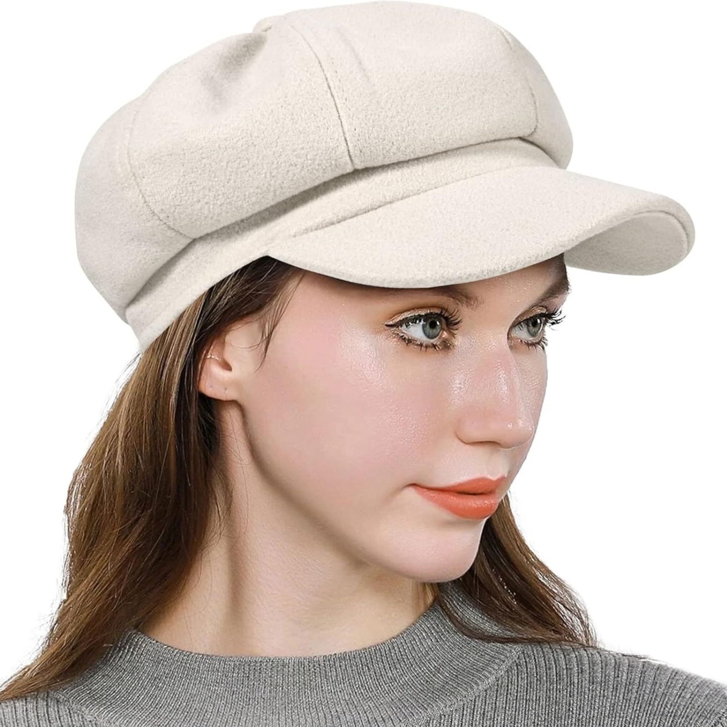 キャスケット 上品なつば付きウールキャスケット八角帽