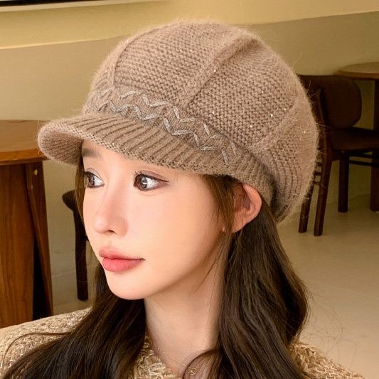波模様編み込みデザインニットキャスケット帽
