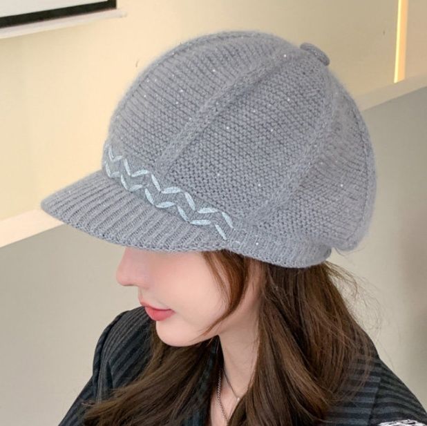 波模様編み込みデザインニットキャスケット帽