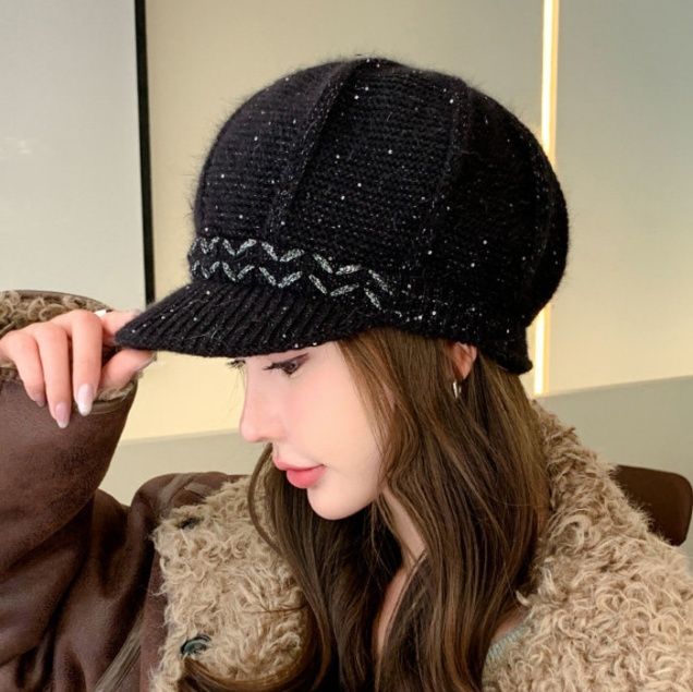 波模様編み込みデザインニットキャスケット帽