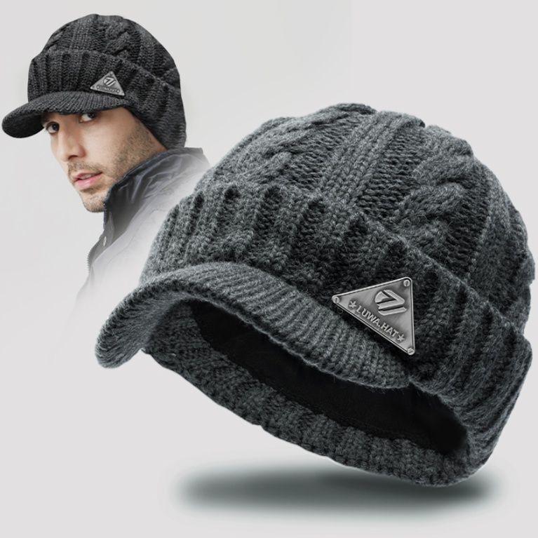 ウール混ケーブル編みつば付きニットキャスケット