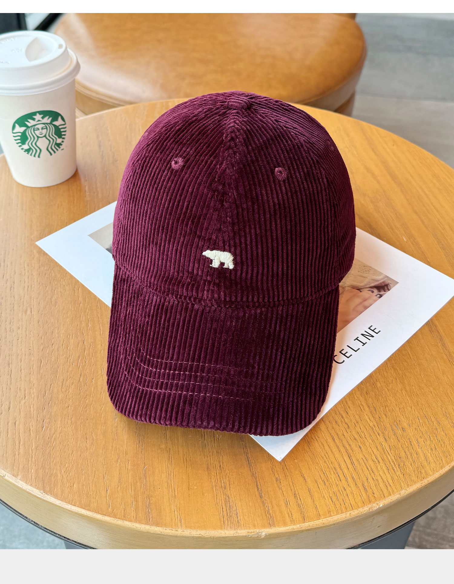キャスケット 小熊刺繍入りコーデュロイキャップ