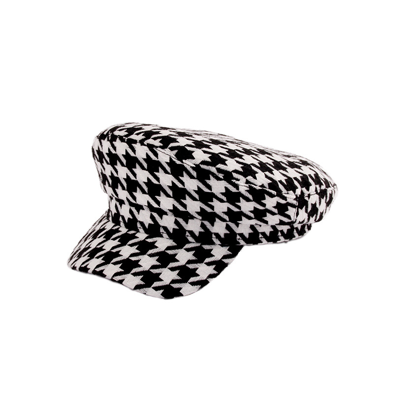 千鳥格子キャスケット つば付き防寒帽子 小顔効果