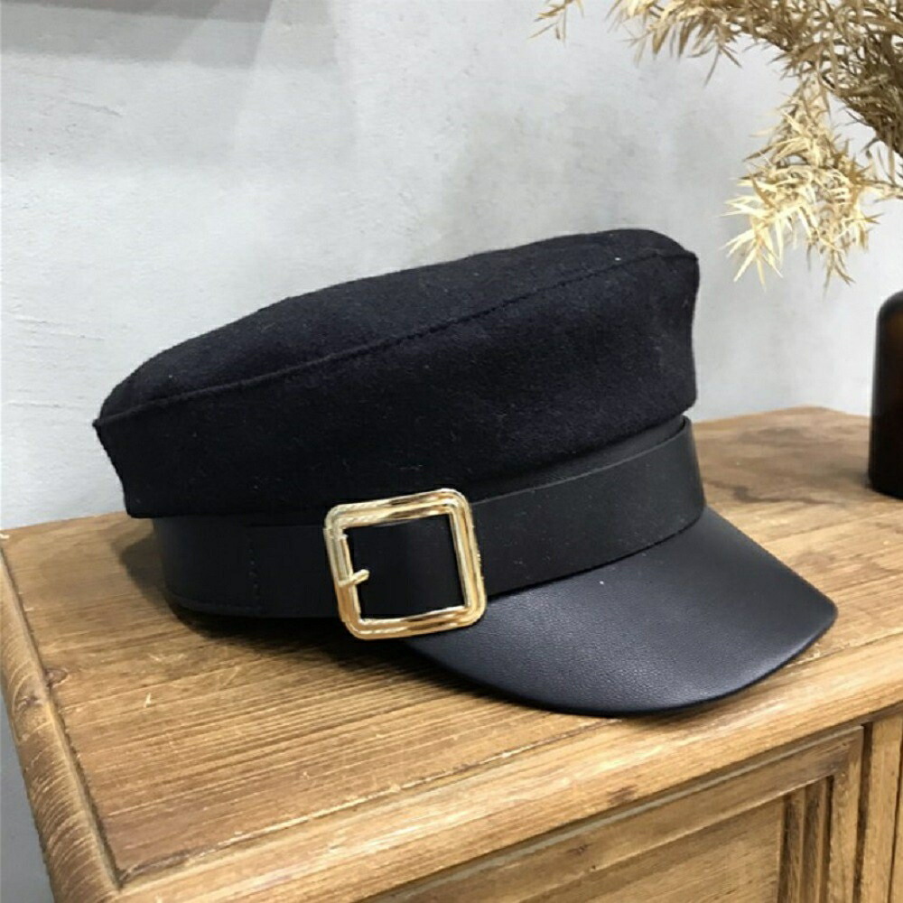 レトロ風ベルト付きキャスケット帽子黒色ゴシック調