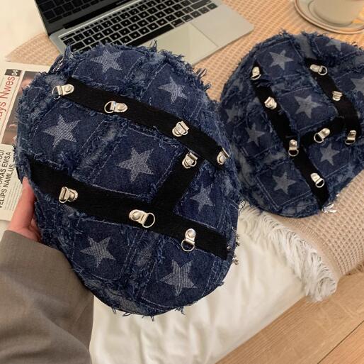 デニム生地キャスケット星柄金具付きレディース帽子