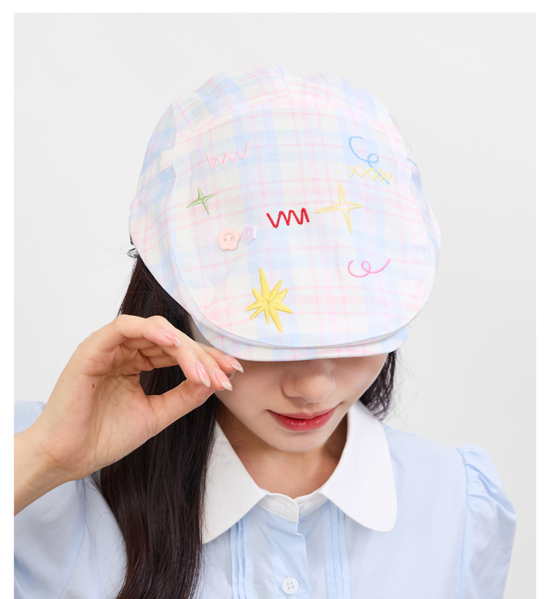 キャスケット 星空刺繍入り格子柄ハンチング帽