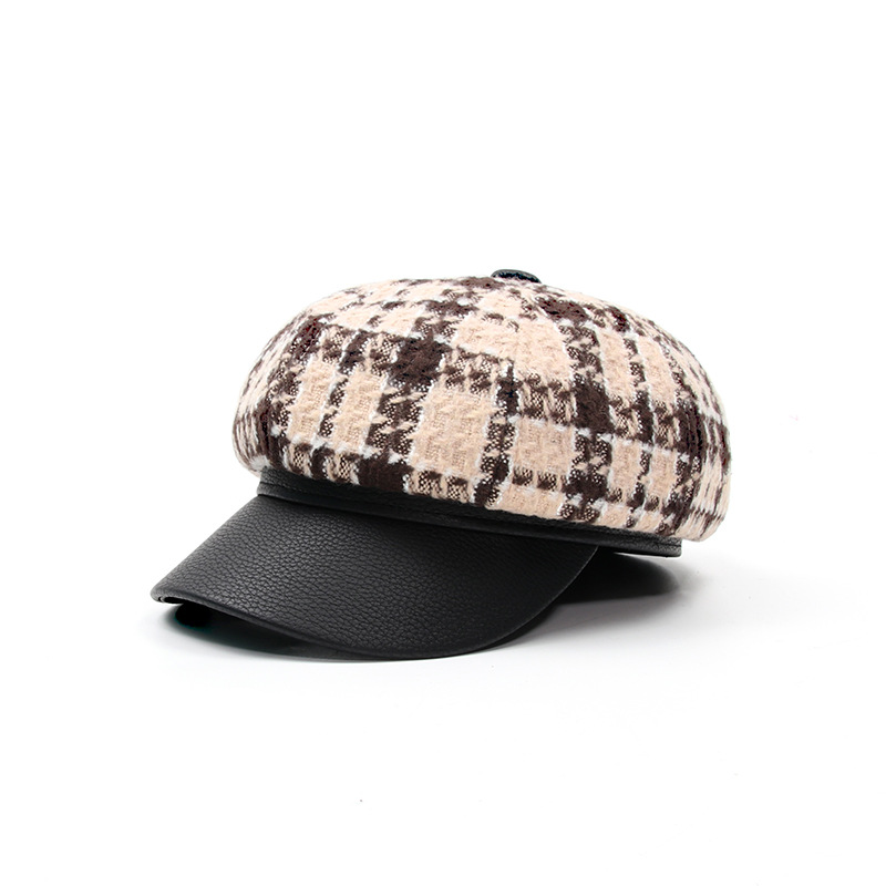 秋冬新作 レディース チェック柄 合皮つば キャスケット 防寒帽子