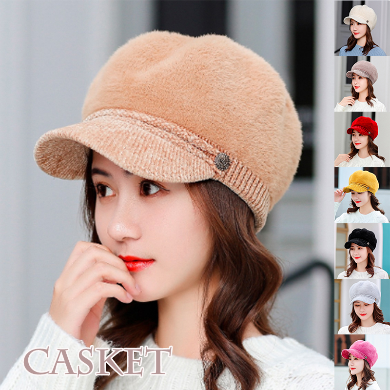 新作レディースキャスケット ふわふわニット つば付き小顔効果帽子
