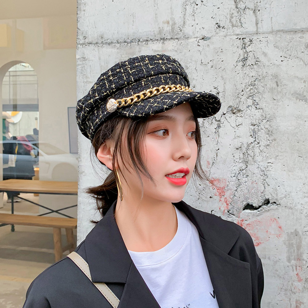 レディース ツイード キャスケット チェーン飾り マリンキャップ