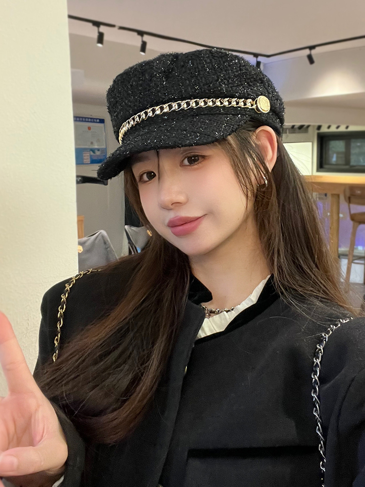 キャスケット 煌めき鎖飾りマリンツイードキャスケット