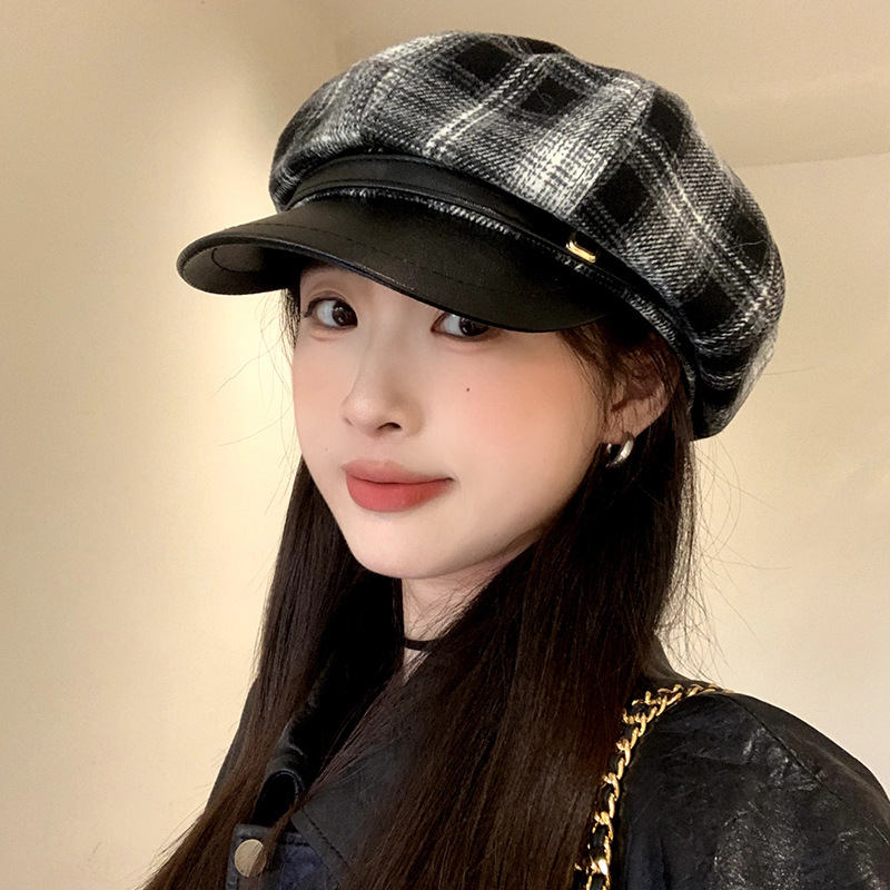 キャスケット 格子柄ニットキャスケット つば付き八角帽