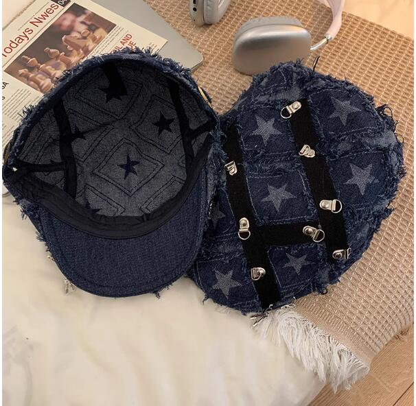 デニム生地キャスケット星柄金具付きレディース帽子