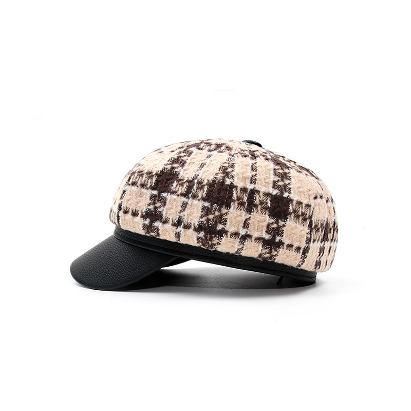 秋冬新作 レディース チェック柄 合皮つば キャスケット 防寒帽子