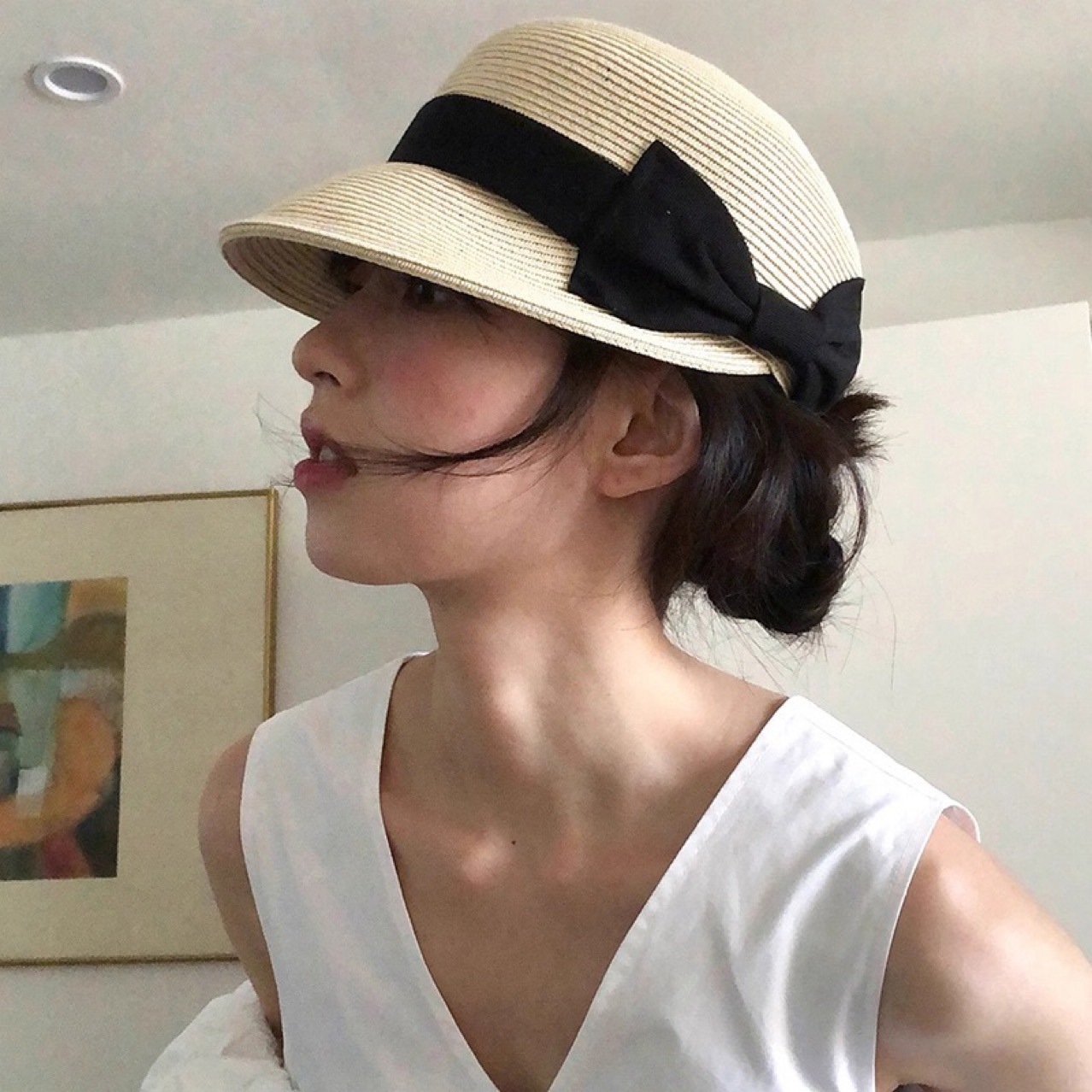 キャスケット リボン飾り付き麦わらキャスケット帽子