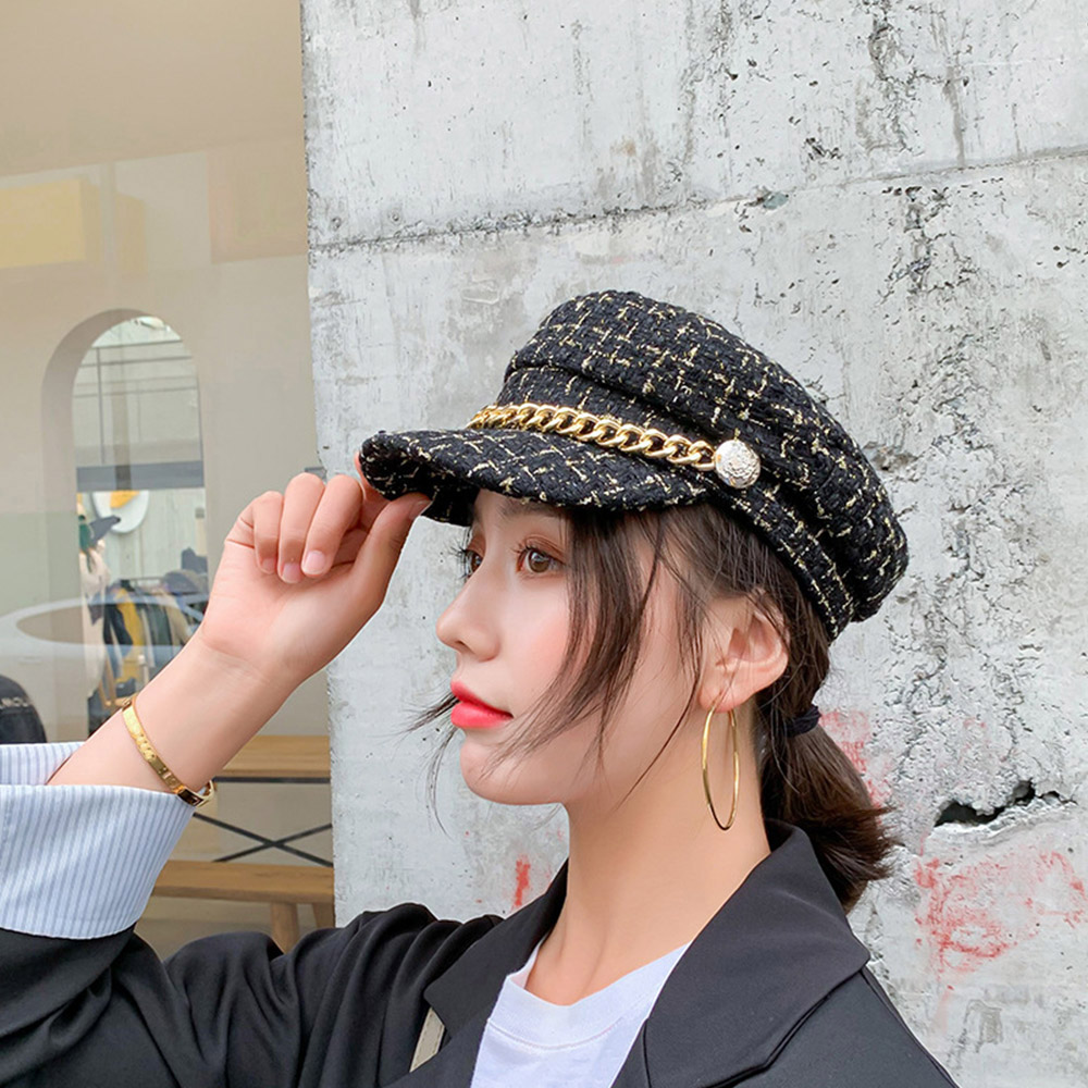レディース ツイード キャスケット チェーン飾り マリンキャップ