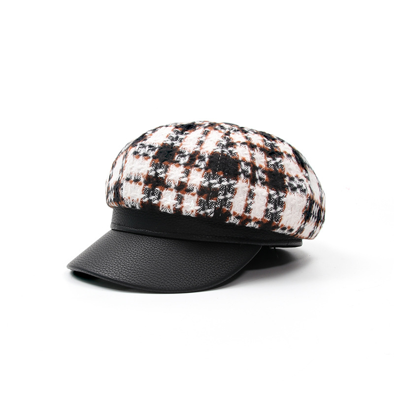 秋冬新作 レディース チェック柄 合皮つば キャスケット 防寒帽子