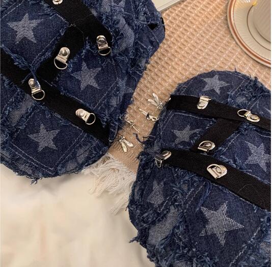 デニム生地キャスケット星柄金具付きレディース帽子