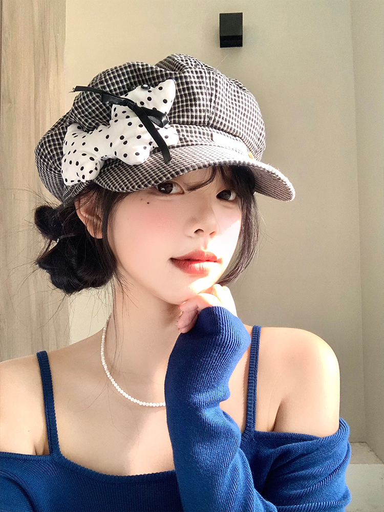 キャスケット 蝶結び格子柄キャスケット帽