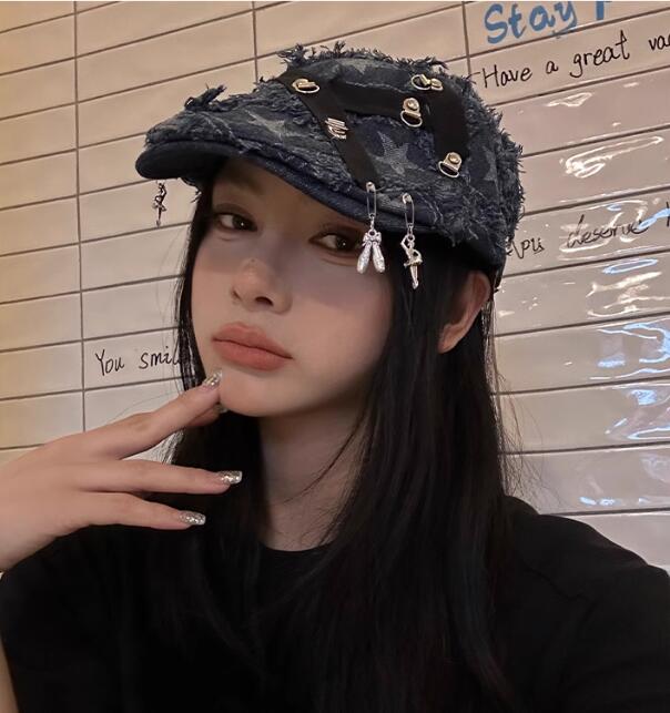 デニム生地キャスケット星柄金具付きレディース帽子