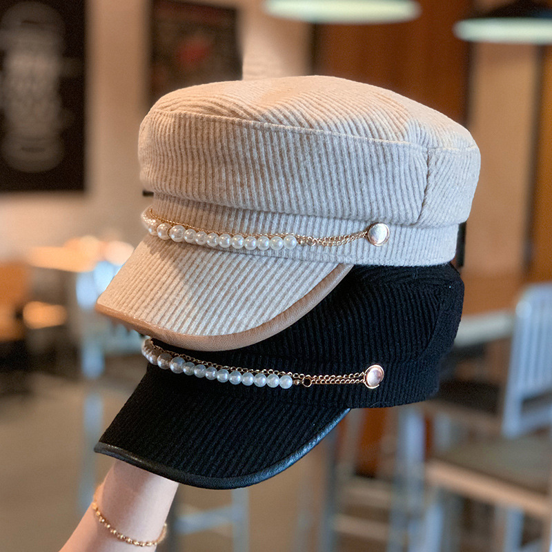 コーデュロイキャスケット レディース小顔効果パール装飾マリンキャップ