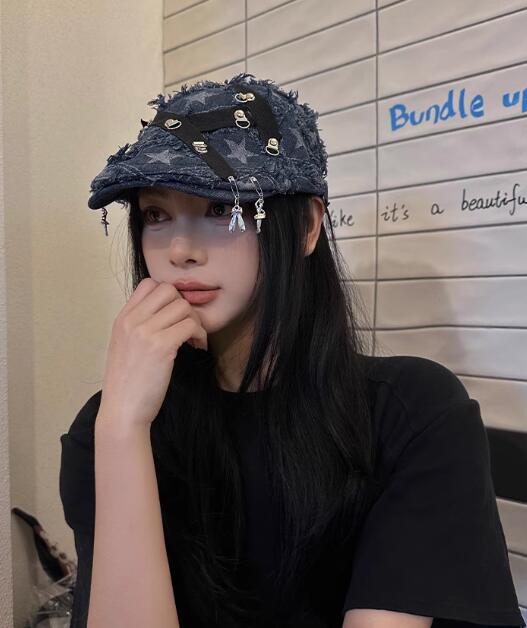 デニム生地キャスケット星柄金具付きレディース帽子