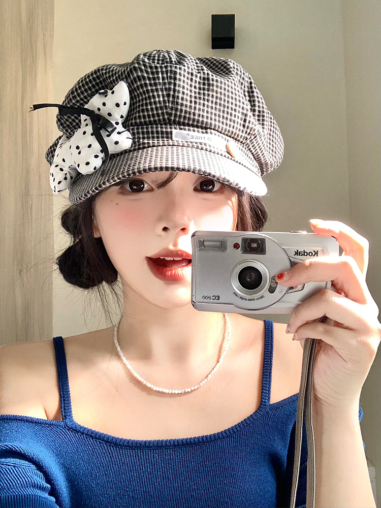 キャスケット 蝶結び格子柄キャスケット帽