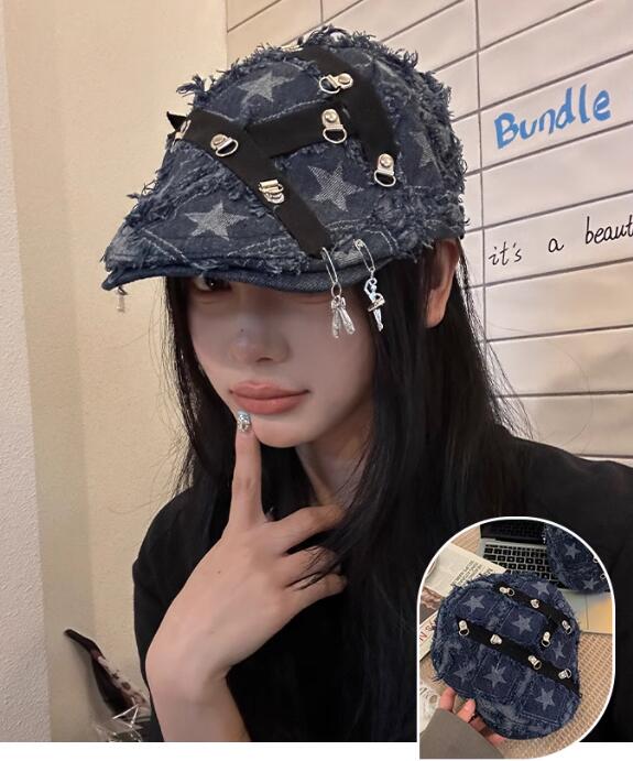 デニム生地キャスケット星柄金具付きレディース帽子