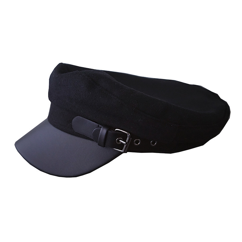 レディース キャスケット 黒 ベルト付き おしゃれ ハット